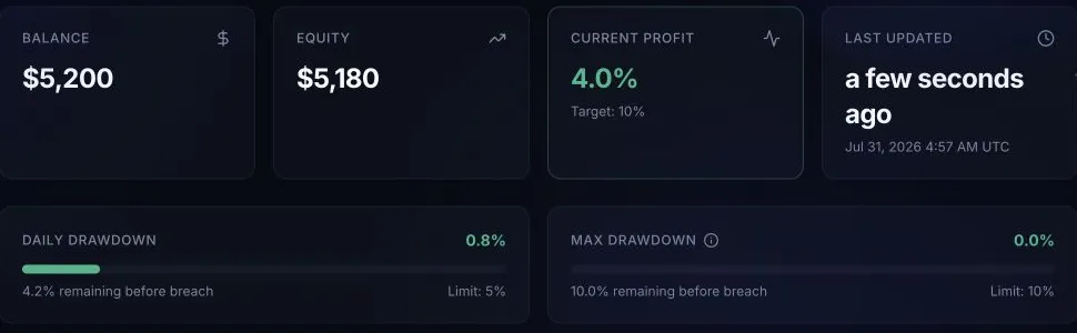 Sanitized BFT dashboard with balance, equity, profit, drawdown, and update-time metrics